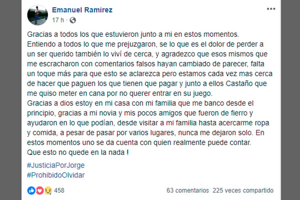 Ramírez: “Gracias a todos los que estuvieron junto a mí en estos momentos”