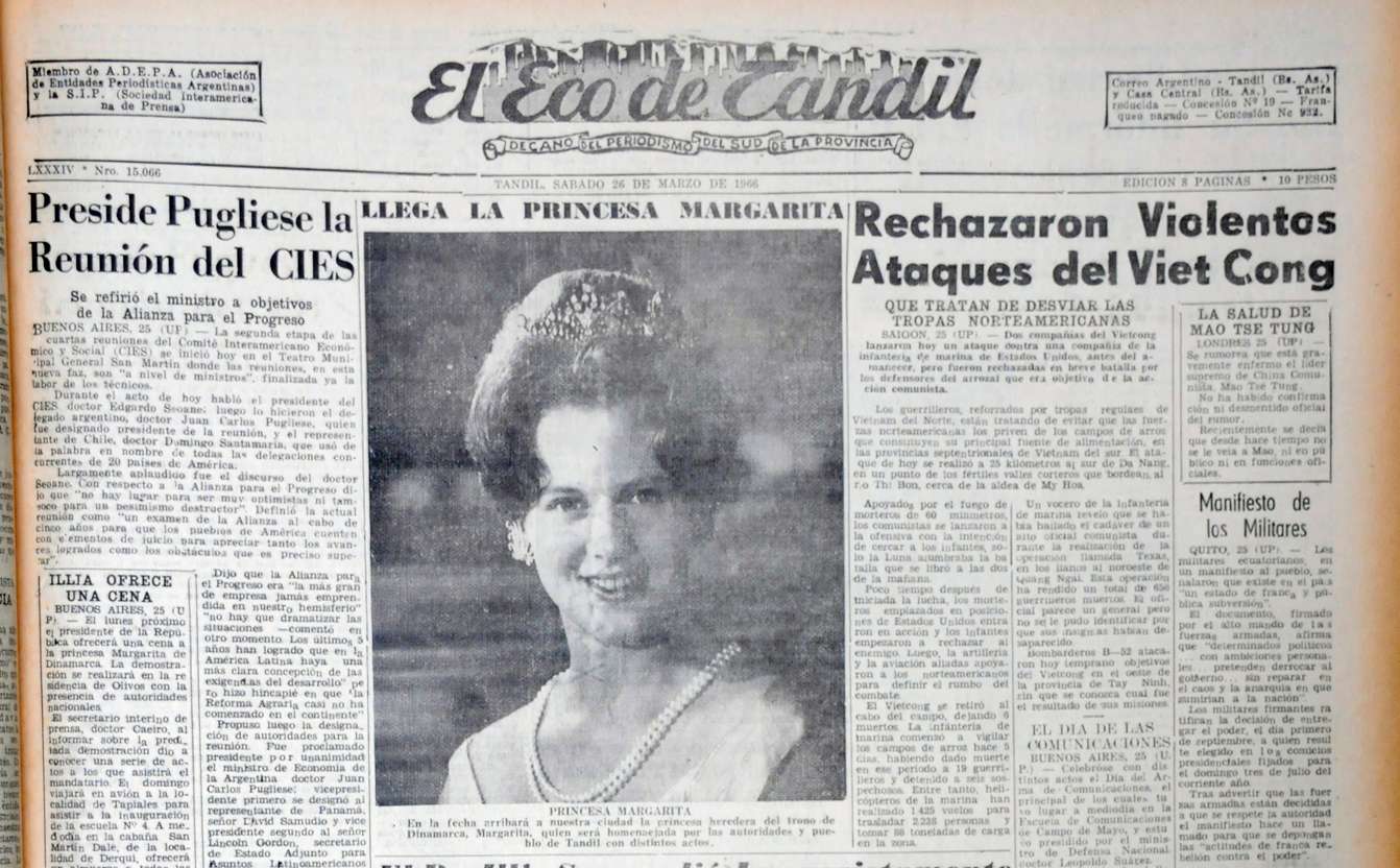 La tapa de El Eco de Tandil, hace 53 años, cuando Margarita II visitaba por primera vez la ciudad