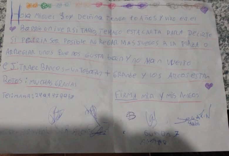 Una niña de 10 años le envió una curiosa carta al intendente Miguel Lunghi