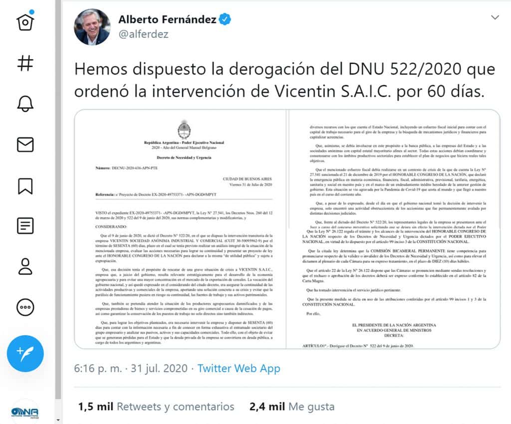Fernández anuló el decreto que dispuso la intervención de Vicentin y criticó al juez