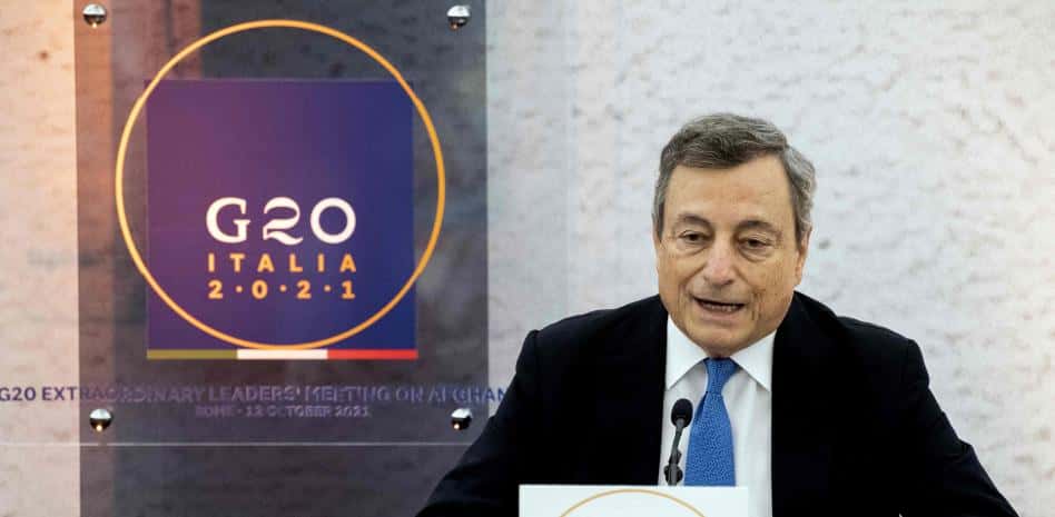 El primer ministro italiano, Mario Draghi, en la rueda de prensa del G20.