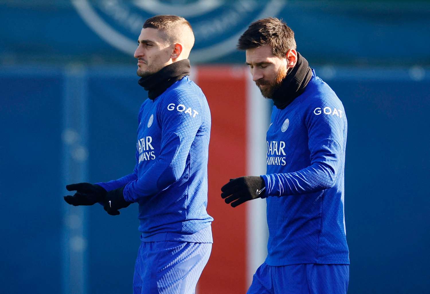 Messi y el italiano Verratti en la práctica de ayer de PSG.