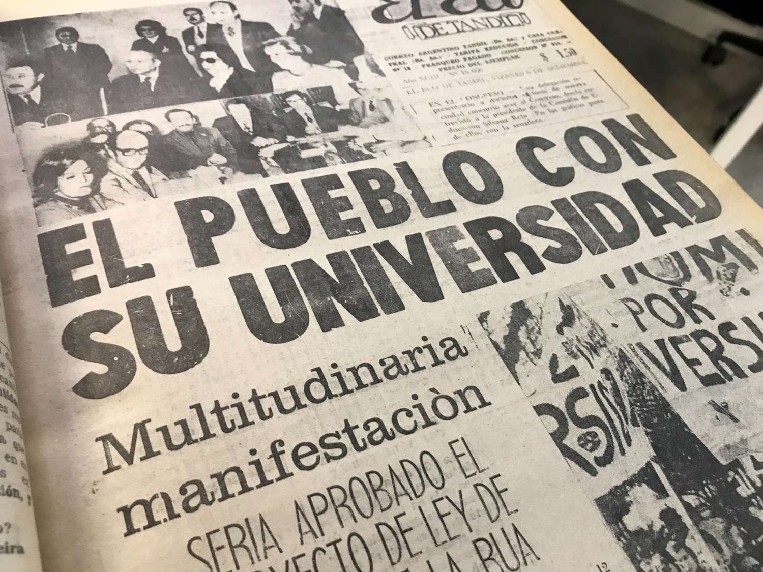 La portada de El Eco de Tandil el 6 de septiembre de 1974, luego de una masiva movilización por la nacionalización de la Unicen.