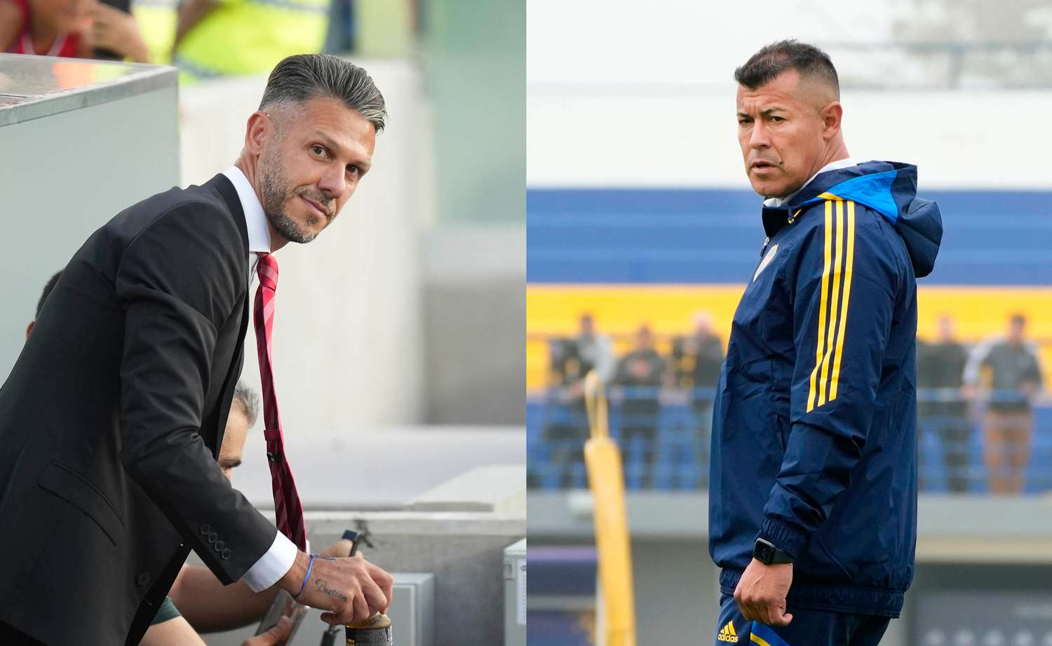 Demichelis y Almirón, ante su primer superclásico oficial como entrenadores.