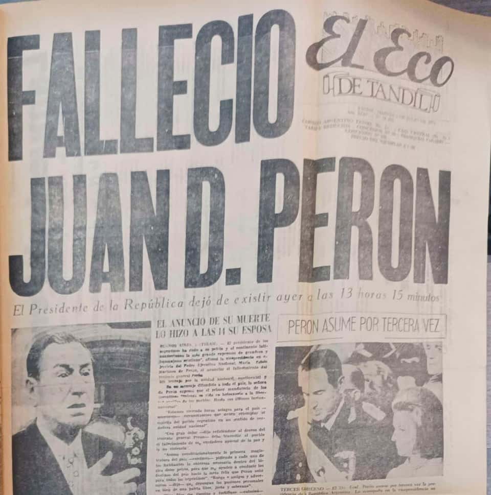 La tapa de El Eco de Tandil, el día después de la muerte de Perón