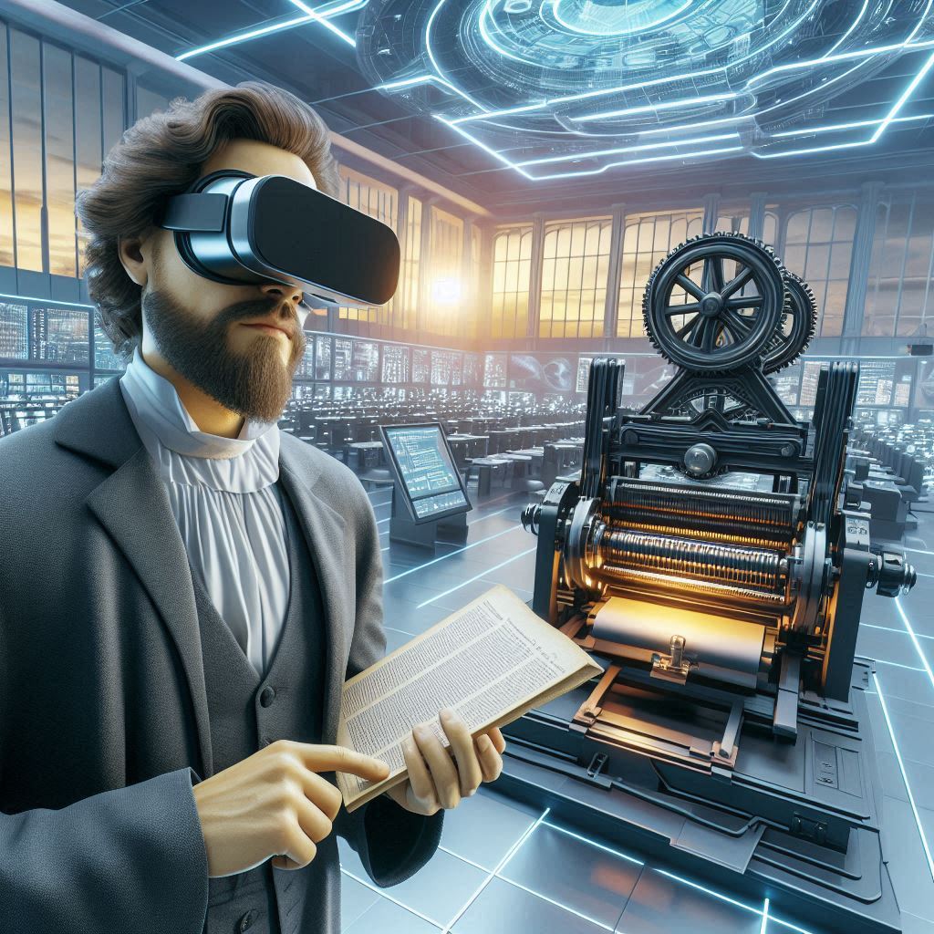 Imagen generada por IA de Johannes Gutenberg con la máquina de prensa y un casco de realidad virtual