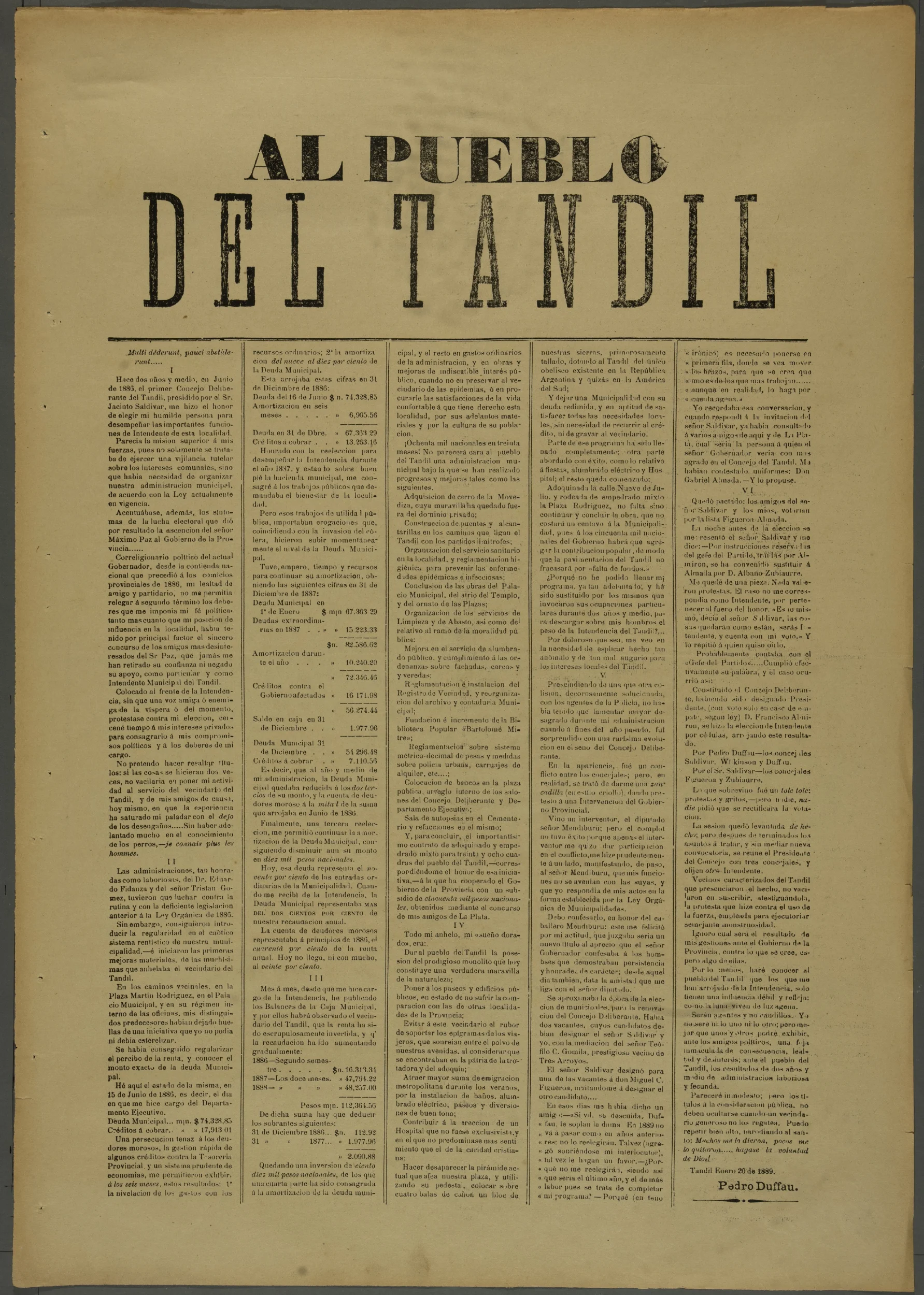 Carta abierta al pueblo de Tandil escrita por el primer intendenrte, Pedro Duffau.