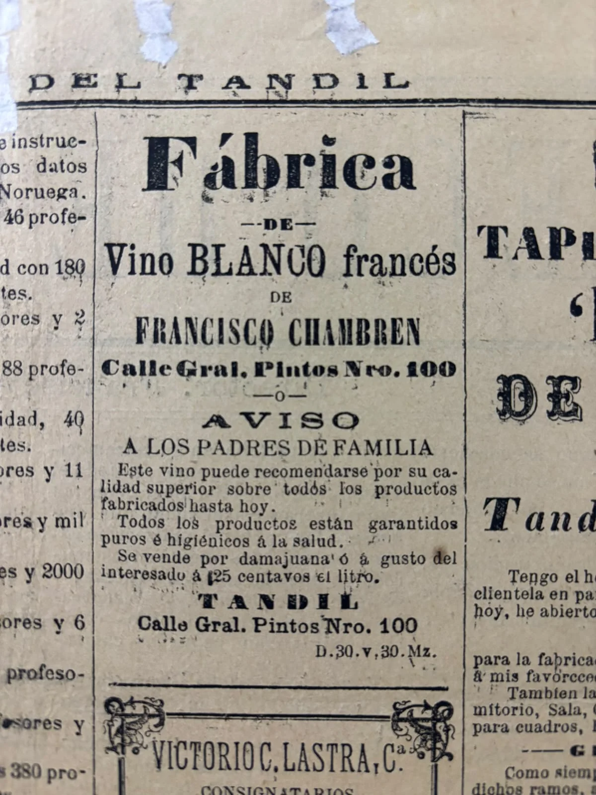 Recorte del diario de 1890 con una publicidad de venta de vinos.